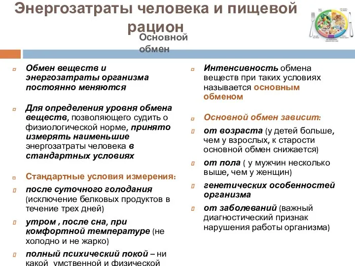 Энергозатраты человека и пищевой рацион Обмен веществ и энергозатраты организма постоянно меняются