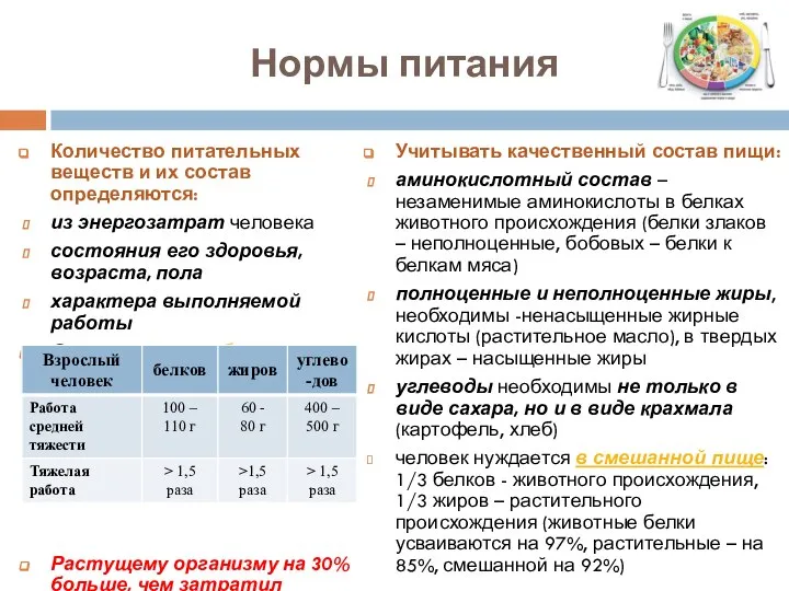 Нормы питания Количество питательных веществ и их состав определяются: из энергозатрат человека