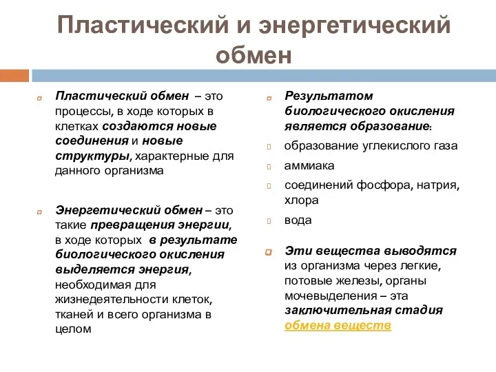 Пластический и энергетический обмен Пластический обмен – это процессы, в ходе которых