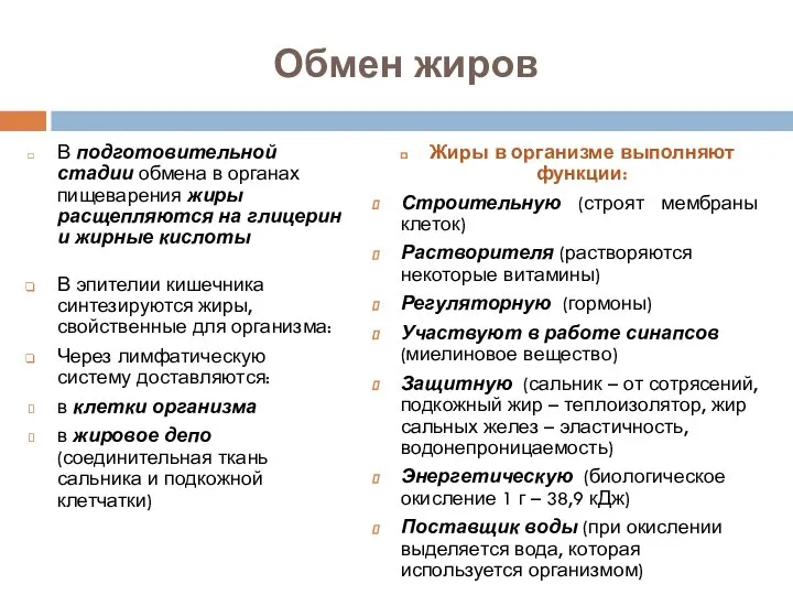 Обмен жиров В подготовительной стадии обмена в органах пищеварения жиры расщепляются на