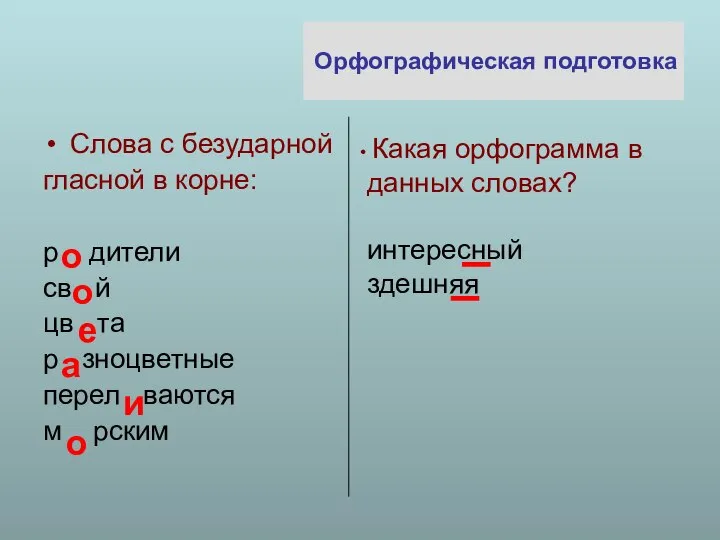 Орфографическая подготовка Слова с безударной гласной в корне: р дители св й