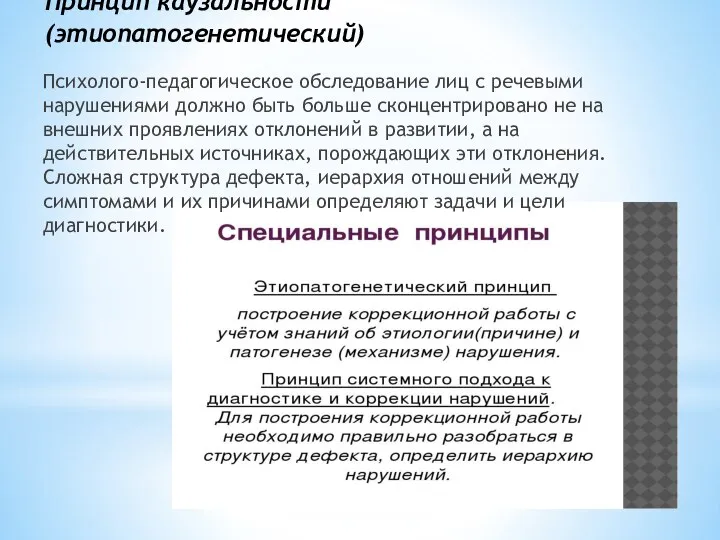 Принцип каузальности (этиопатогенетический) Психолого-педагогическое обследование лиц с речевыми нарушениями должно быть больше