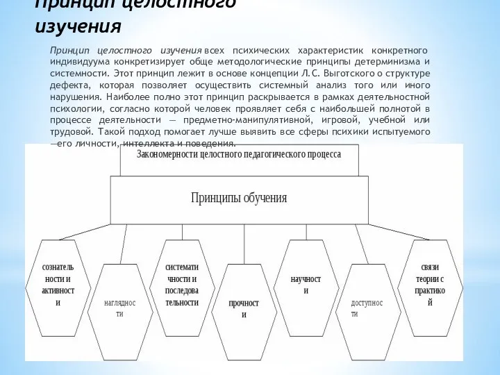 Принцип целостного изучения Принцип целостного изучения всех психических характеристик конкретного индивидуума конкретизирует