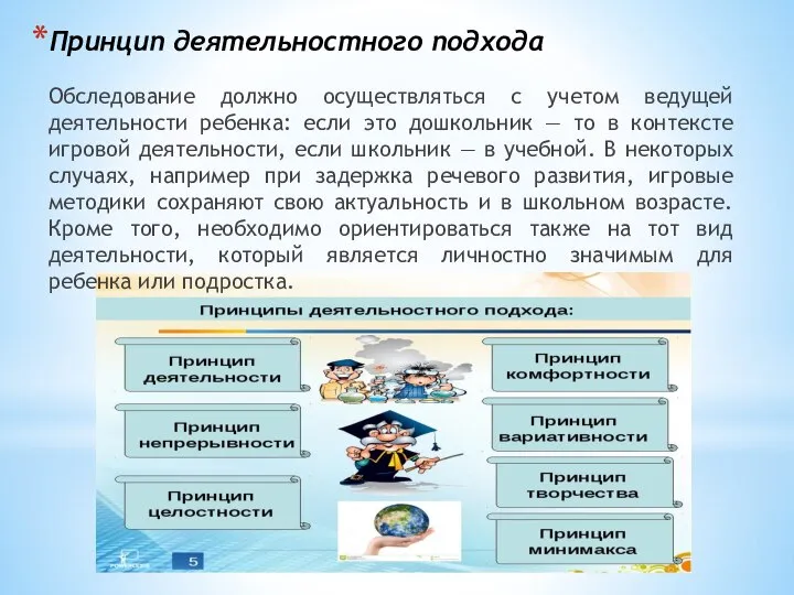 Принцип деятельностного подхода Обследование должно осуществляться с учетом ведущей деятельности ребенка: если