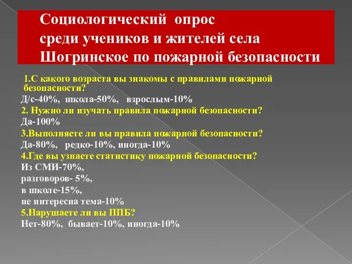 Социологический опрос среди учеников и жителей села Шогринское по пожарной безопасности 1.С