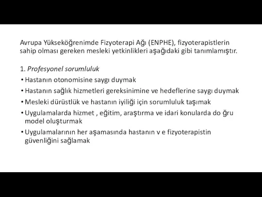 Avrupa Yükseköğrenimde Fizyoterapi Ağı (ENPHE), fizyoterapistlerin sahip olması gereken mesleki yetkinlikleri aşağıdaki