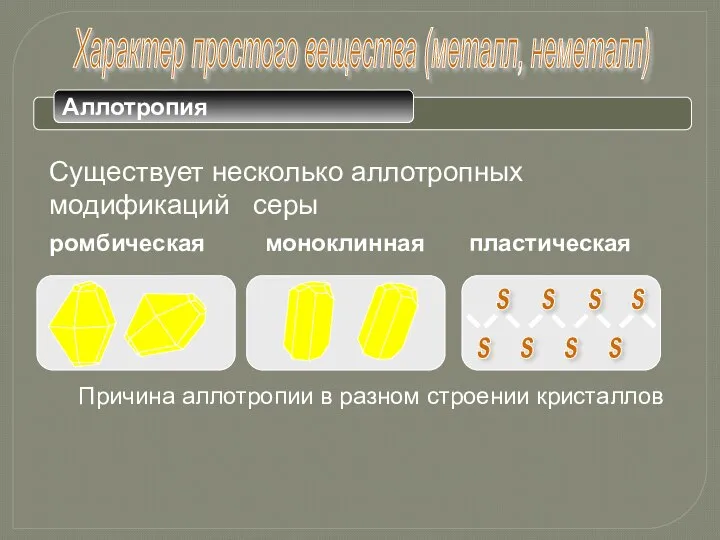 Характер простого вещества (металл, неметалл) Существует несколько аллотропных модификаций серы Причина аллотропии в разном строении кристаллов