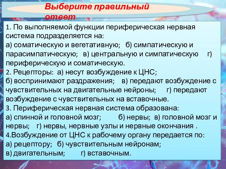 Выберите правильный ответ 1. По выполняемой функции периферическая нервная система подразделяется на: