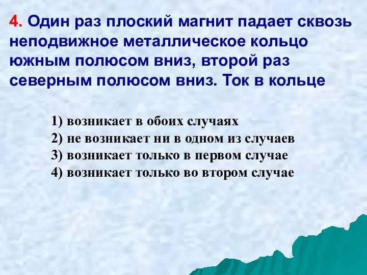 4. Один раз плоский магнит падает сквозь неподвижное металлическое кольцо южным полюсом