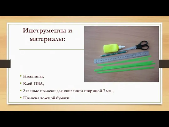 Инструменты и материалы: Ножницы, Клей ПВА, Зеленые полоски для квиллинга шириной 7 мм., Полоска зеленой бумаги.