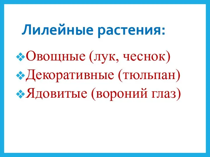 Лилейные растения: Овощные (лук, чеснок) Декоративные (тюльпан) Ядовитые (вороний глаз)