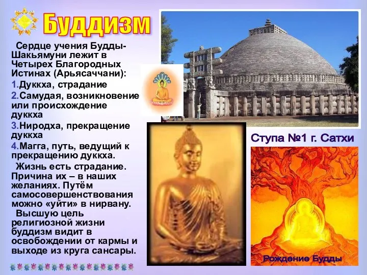 Сердце учения Будды- Шакьямуни лежит в Четырех Благородных Истинах (Арьясаччани): 1.Дуккха, страдание