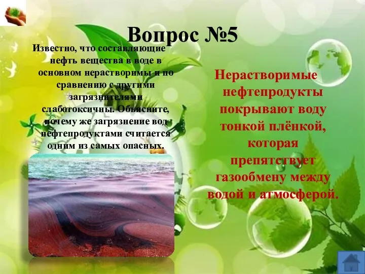 Вопрос №5 Известно, что составляющие нефть вещества в воде в основном нерастворимы