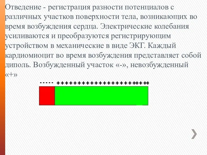 Отведение - регистрация разности потенциалов с различных участков поверхности тела, возникающих во