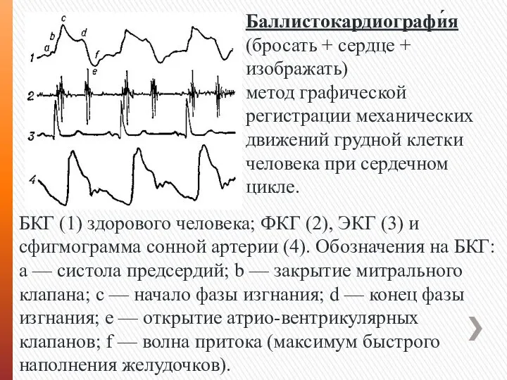 Баллистокардиографи́я(бросать + сердце + изображать) метод графической регистрации механических движений грудной клетки