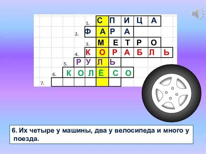 6. Их четыре у машины, два у велосипеда и много у поезда.