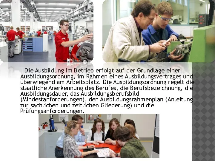 Die Ausbildung im Betrieb erfolgt auf der Grundlage einer Ausbildungsordnung, im Rahmen