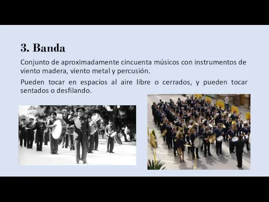 3. Banda Conjunto de aproximadamente cincuenta músicos con instrumentos de viento madera,