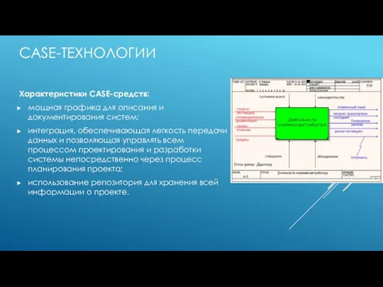 Характеристики CASE-средств: мощная графика для описания и документирования систем; интеграция, обеспечивающая легкость