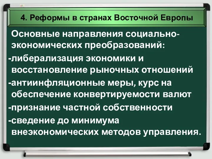 4. Реформы в странах Восточной Европы Основные направления социально-экономических преобразований: либерализация экономики