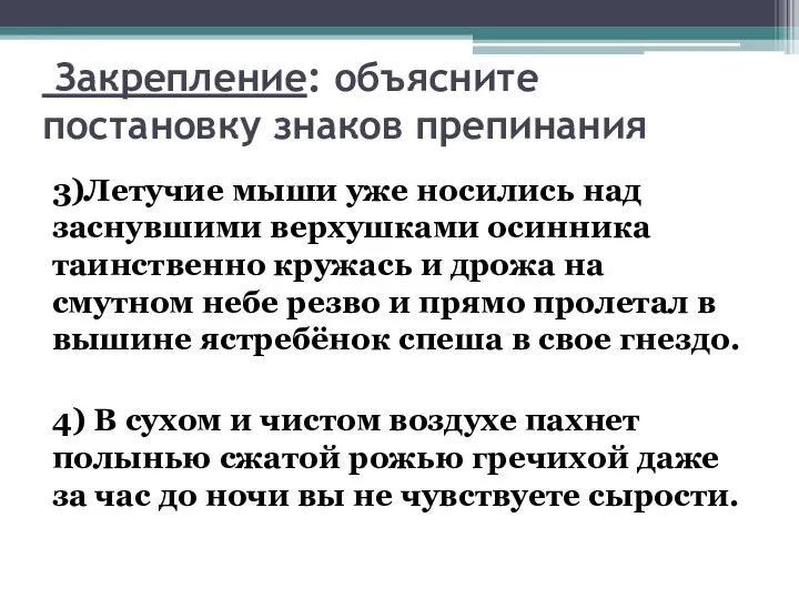 Закрепление: объясните постановку знаков препинания 3)Летучие мыши уже носились над заснувшими верхушками