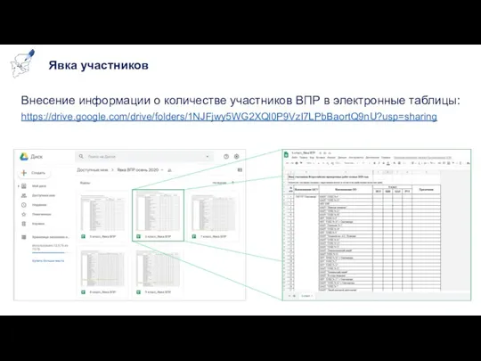 Явка участников Внесение информации о количестве участников ВПР в электронные таблицы: https://drive.google.com/drive/folders/1NJFjwy5WG2XQl0P9VzI7LPbBaortQ9nU?usp=sharing