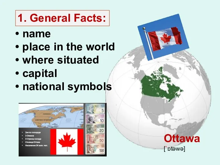 1. General Facts: name place in the world where situated capital national symbols Ottawa [`ɒtəwə]