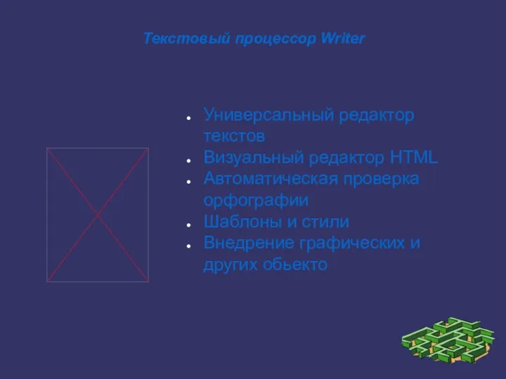 Текстовый процессор Writer Универсальный редактор текстов Визуальный редактор HTML Автоматическая проверка орфографии