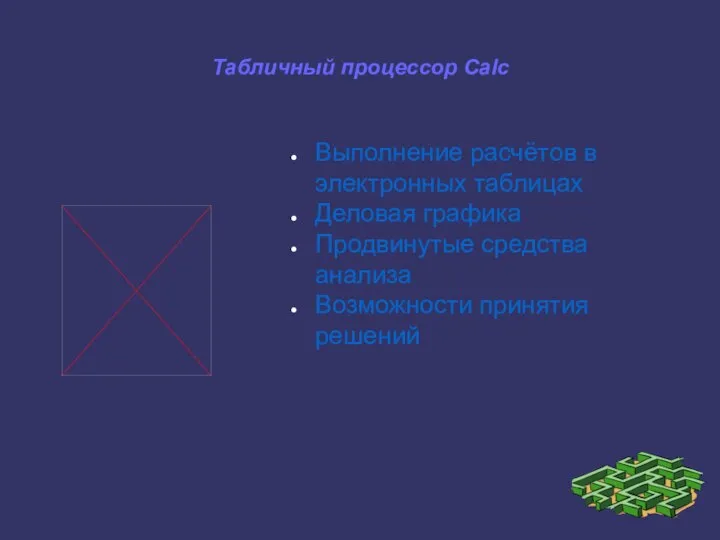 Табличный процессор Calс Выполнение расчётов в электронных таблицах Деловая графика Продвинутые средства анализа Возможности принятия решений