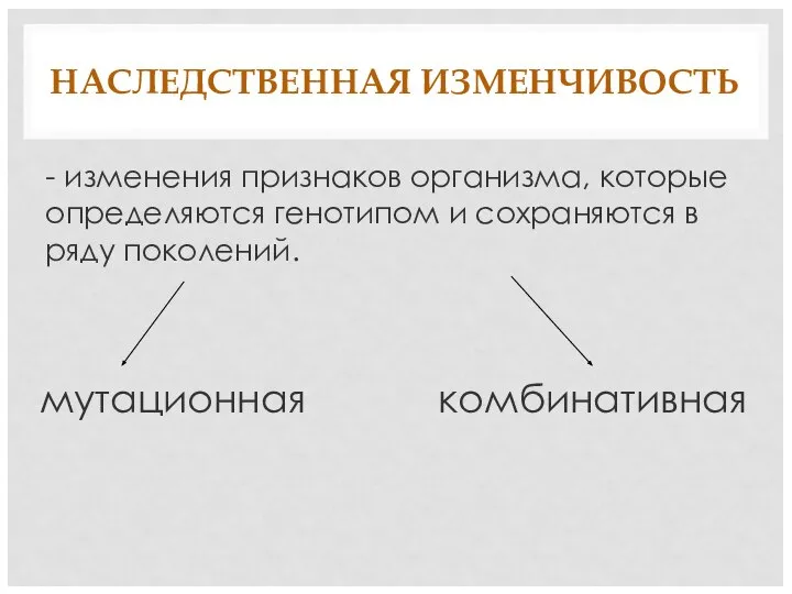 НАСЛЕДСТВЕННАЯ ИЗМЕНЧИВОСТЬ - изменения признаков организма, которые определяются генотипом и сохраняются в ряду поколений. мутационная комбинативная