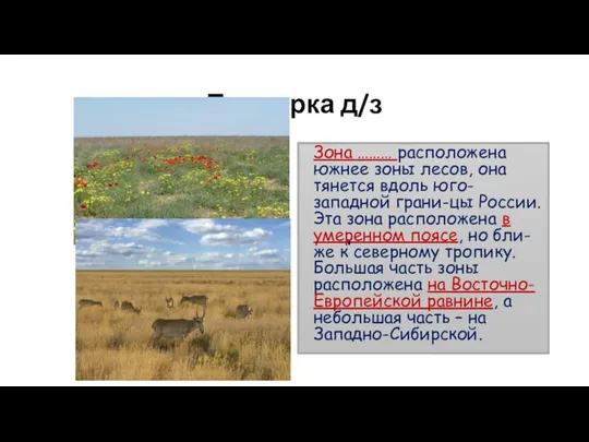 Проверка д/з Зона ……… расположена южнее зоны лесов, она тянется вдоль юго-западной