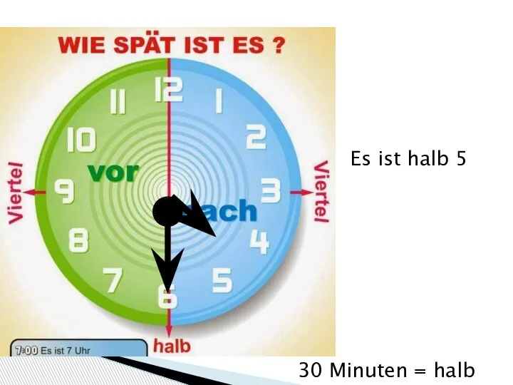 30 Minuten = halb Es ist halb 5