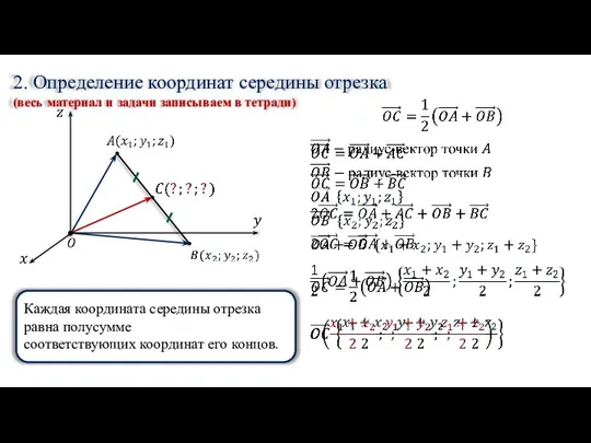 2. Определение координат середины отрезка (весь материал и задачи записываем в тетради)