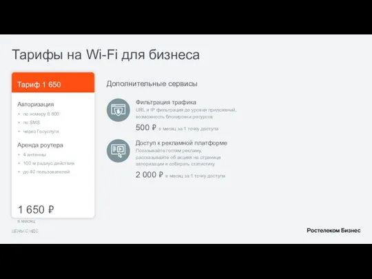 Тарифы на Wi-Fi для бизнеса ЦЕНЫ С НДС Фильтрация трафика URL и