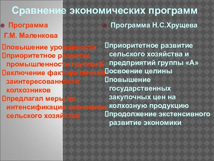 Сравнение экономических программ Программа Г.М. Маленкова Программа Н.С.Хрущева приоритетное развитие сельского хозяйства