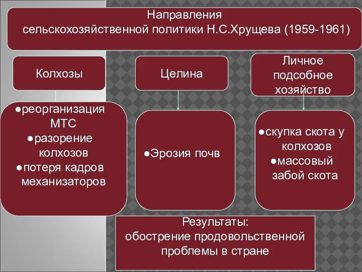 Направления сельскохозяйственной политики Н.С.Хрущева (1959-1961) Колхозы Целина Личное подсобное хозяйство реорганизация МТС