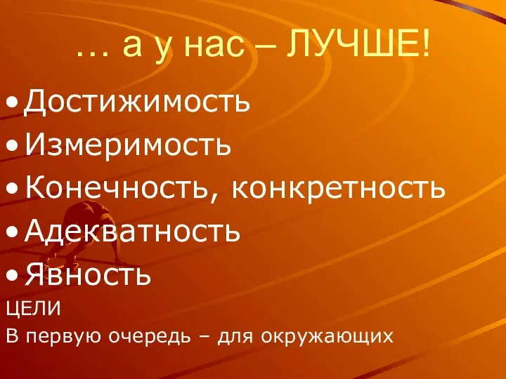 … а у нас – ЛУЧШЕ! Достижимость Измеримость Конечность, конкретность Адекватность Явность