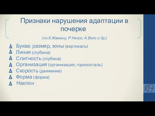 Признаки нарушения адаптации в почерке (по К.Жамену, Р.Незос, А.Велс и др.) Буква: