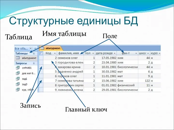 Структурные единицы БД Таблица Поле Запись Имя таблицы Главный ключ