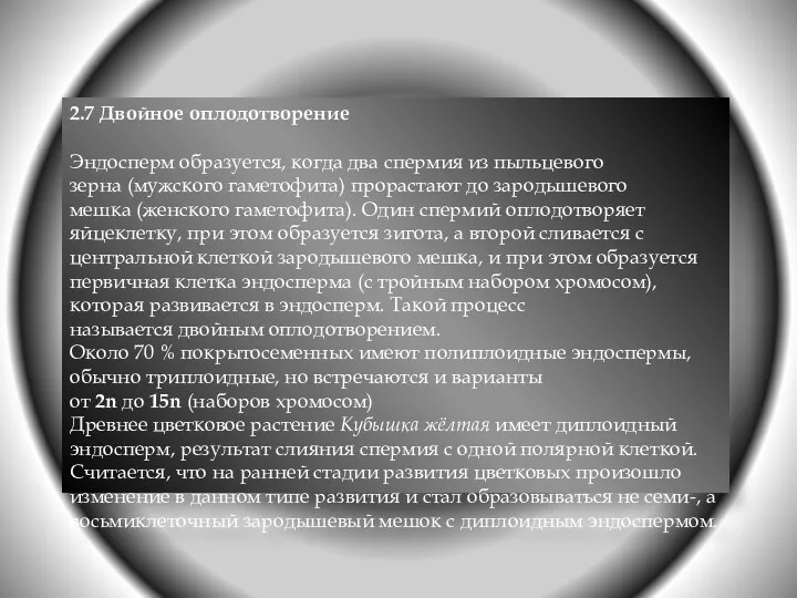 2.7 Двойное оплодотворение Эндосперм образуется, когда два спермия из пыльцевого зерна (мужского