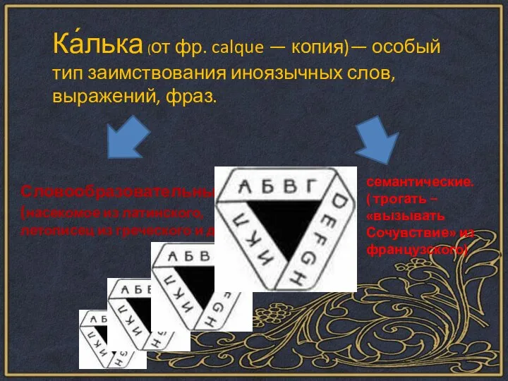 Ка́лька (от фр. calque — копия)— особый тип заимствования иноязычных слов, выражений,