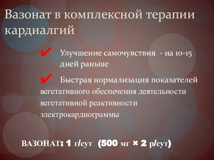 Вазонат в комплексной терапии кардиалгий Улучшение самочувствия - на 10-15 дней раньше