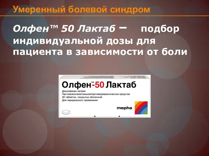 Олфен™ 50 Лактаб – подбор индивидуальной дозы для пациента в зависимости от боли Умеренный болевой синдром