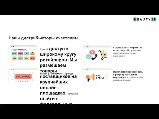 Единый доступ к широкому кругу ритейлеров. Мы размещаем товары поставщиков на крупнейших