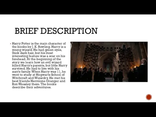 BRIEF DESCRIPTION Harry Potter is the main character of the books by