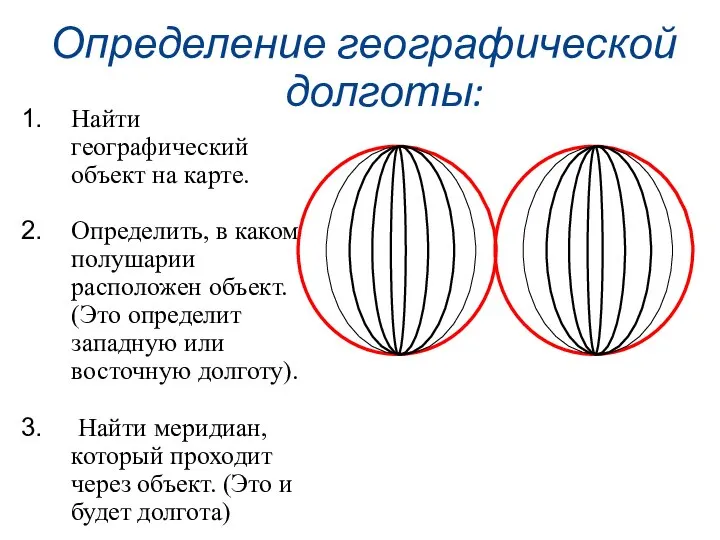 Определение географической долготы: Найти географический объект на карте. Определить, в каком полушарии