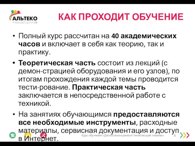 КАК ПРОХОДИТ ОБУЧЕНИЕ Полный курс рассчитан на 40 академических часов и включает