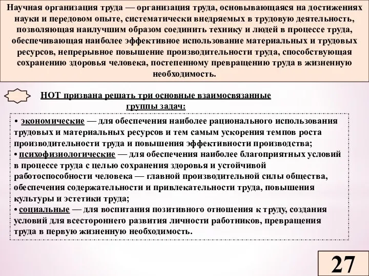 27 Научная организация труда — организация труда, основывающаяся на достижениях науки и