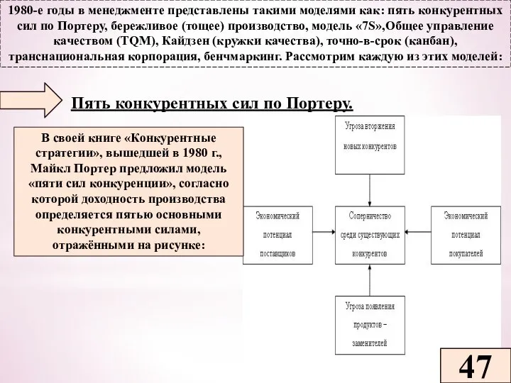 1980-е годы в менеджменте представлены такими моделями как: пять конкурентных сил по