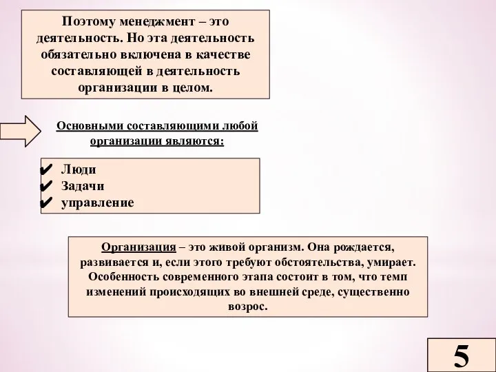 5 Поэтому менеджмент – это деятельность. Но эта деятельность обязательно включена в